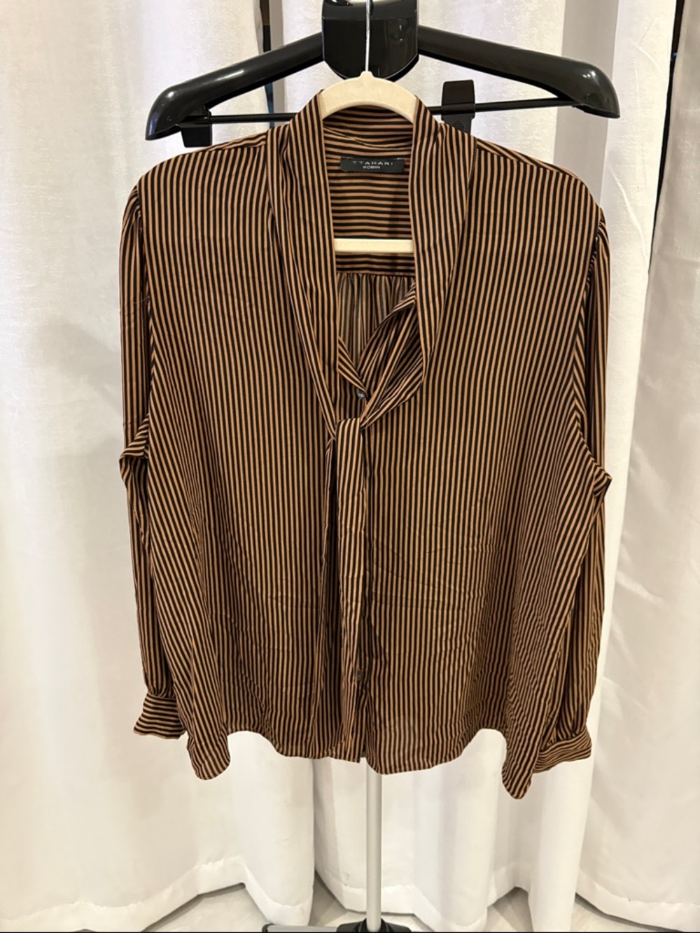 T Tahari Brown and Black Striped Tie-Neck Shirt